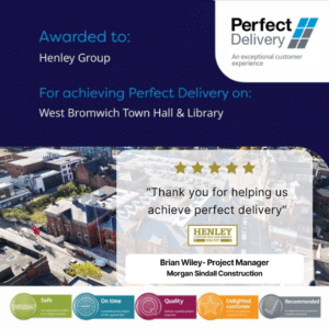 Perfect Delivery Certificate awarded to Henley Restoration & Remedials by Morgan Sindall for the successful completion of the West Bromwich Town Hall & Library restoration project.